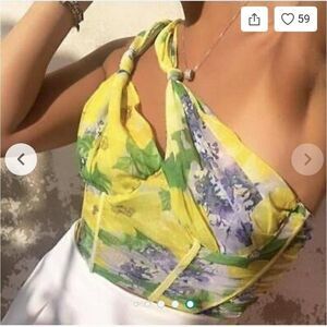 New Zara Yellow Printed Tulle Asymmetric Bustier Corset Top Size Medium